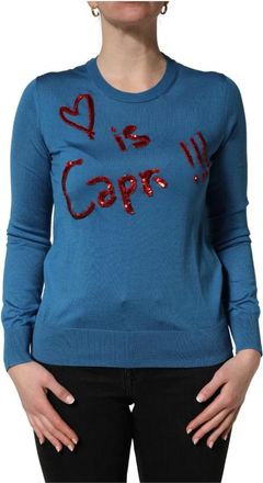 Dolce & Gabbana Round-neck Knitwear, female, Blue, Size: M Silk Sequined Crew Neck Pullover Sweater
