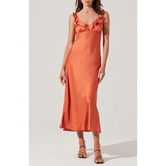 ASTR the Label Zoie Ruffle Neck Satin Slipdress in Brick at Nordstrom, Size X-Small