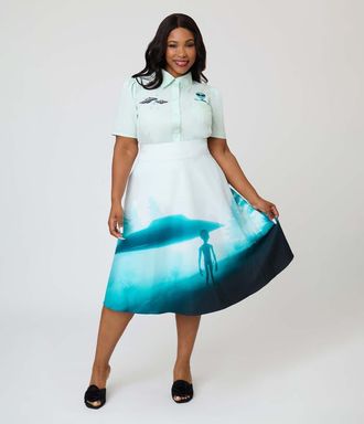 Unique Vintage Plus Size Retro Style High Waist Vivien Swing Skirt in White Ufo Print at Nordstrom, Size 3X