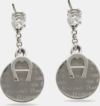 Aigner Silver Tone Crystal Detail Drop Earrings