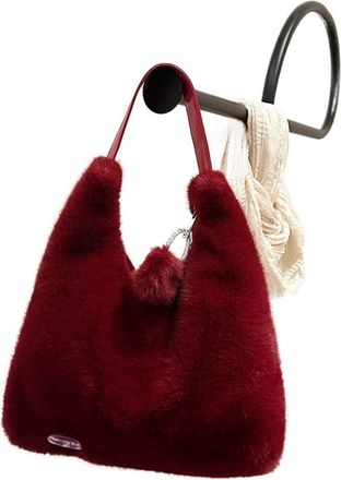 Generic Womens Plush Bags Simple Womens Shoulder Bag Winter Travel Tote Female Soft Fluffy Plush Handbag Large Capacity Shopping(Wine red)