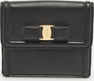 Ferragamo Black Leather Vara Bow French Wallet