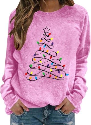 Generic Christmas Long Sleeve Tops for Women Ladies Round Neck Shirt with Tree and Lights Print Casual Loose Fit Holiday Fashion Blouse for Daily Wear Work Pa