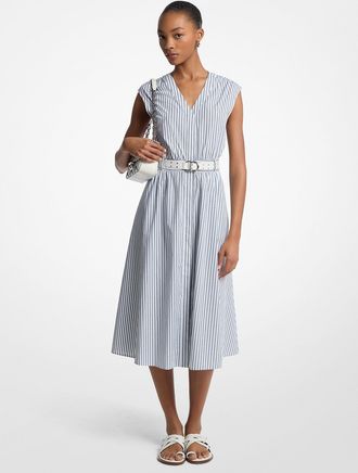 Michael Kors Striped Cotton Poplin Belted Midi Dress
