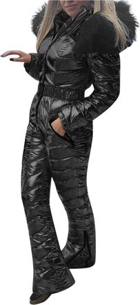 Generic WomenS Metallic Ski Suit, Glossy Winter Snow Jumpsuit With Detachable Faux Fur Hood, Windproof And Waterproof Snow Wear, Insulated Full-Body Ski Outfi