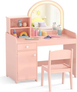 Costway Kids Vanity Table & Chair Set Makeup Playset with Shelves-Pale Pink