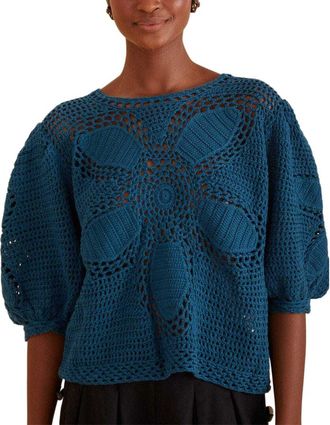 Farm Rio Farm Rio Teal Flower Draw Crochet Blouse