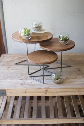 Kalalou Set Of Three Round Wire Display Risers With Wood Tops