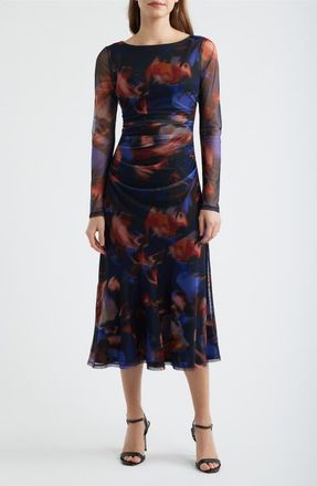 Vince Camuto Printed Long Sleeve Mesh Midi Cocktail Dress in Blue/Black/Red at Nordstrom, Size 12