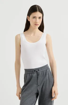 Brunello Cucinelli Stretch cotton ribbed jersey top with monili in White at Nordstrom, Size Xxx-Large