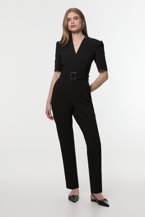 Karen Millen Womens Structured Crepe Forever Belted Jumpsuit - Black - Size 16 UK