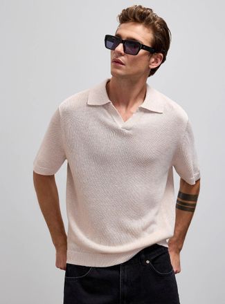 Le 31 Mens Johnny collar 100% linen knit polo