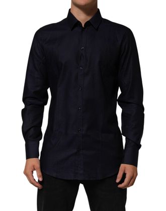 Dolce & Gabbana Blue Cotton Collared Long Sleeve Gold Men Dress Shirt