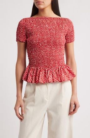 Faithfull The Brand Deboni Smocked Peplum Top in Allura Floral - Red at Nordstrom Rack, Size X-Small
