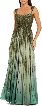 Mac Duggal Petite Ombre Beaded Scoop Neck A-Line Gown in Patina Green at Nordstrom, Size 4