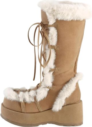 Generic Round Toe Sloping Heel Lace Up Snow Boots Hairy Lace Up Thick Heel High Gothic Thick Soled Boots(Brown,US11)