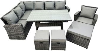 Fimous 10 Seat Rattan High Back Corner Sofa Set Patio Dining Table Set with 3 Stools Chair Dark Grey Mixed - Fimous