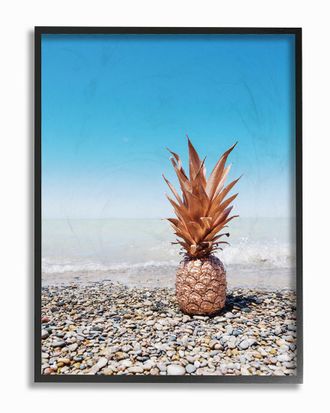 Stupell Industries Rose Gold Metallic Pineapple On Beach With Blue Sky By Daphne Polselli Framed Art