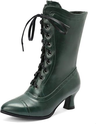 Generic Womens Two-Tone 5.5cm Kitten Heel Lace-Up Mid-Calf Boots for Autumn and Winter,Green,6.5 UK