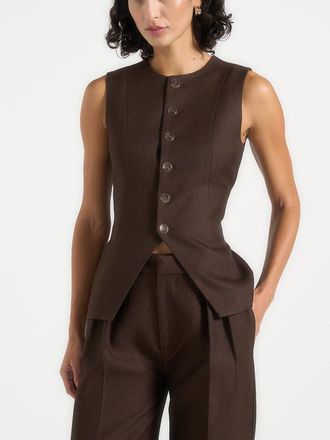 Mani&egrave;re De Voir Maisie Tailored Crew Neck Cinch Waistcoat in Brown at Nordstrom, Size 12