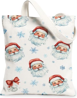 Generic Santa Canvas Tote Bags, Festive Holiday Santa Pattern Reusable Shopping Bags, Fanciful Vintage Lightweight Washable Shoulde, White, 13x15 Inch