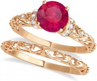 Allurez Ruby & Diamond Antique Style Bridal Set 14k Rose Gold (1.12ct)