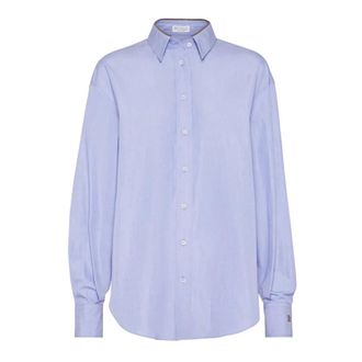 Brunello Cucinelli Shirts, female, Blue, L, Shiny Collar Detail Shirt
