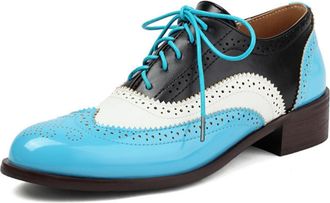 Generic Womens Tri Color Lace Up Oxford Shoes with Wingtip Brogue Perforation, Round Toe, Low Chunky Heel, Cushioned Insole, Classic Vintage Design,Blue,5.5 U