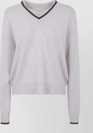 Brunello Cucinelli ribbed cashmere v-neck sweater with contrast trim