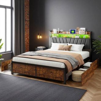 OEM Cama 140x200 Cm - Estructura De Simil Cuero Negro - 4 Cajones - Led Rgb Y Puertos Usb/type-c - Somier De Lamas Incluido