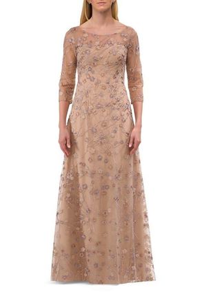 La Femme Floral Long Gown with Illusion Neckline and Three Quarter Sleeves in Cocoa at Nordstrom, Size 10