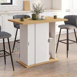 IDMarket Isla Central Paxton 110 Cm Para 4 Personas Con Almacenamiento De Madera Blanca Y Encimera Efecto Haya