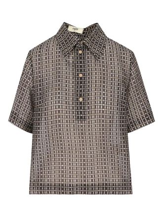 Fendi grid-pattern polo top - women - Polyamide/Silk - 44 - Brown