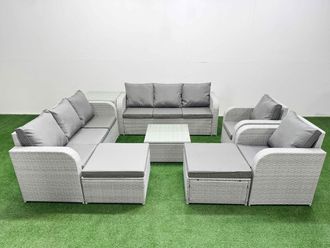 Fimous PE Rattan High Back Lounge Sofa Set Patio Square Coffee Table & Chairs Set w/ 3 Seater Sofa Reclining Chair 2 Big Footstool Side Table Light