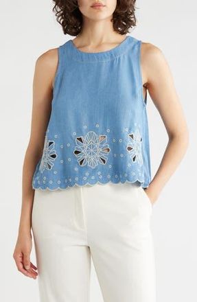T Tahari Eyelet Embroidered Chambray Shell in Washed Denim/Cream at Nordstrom Rack, Size X-Large