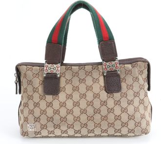 Gucci Brown Leather Canvas Handbag Tote Bag (Pre-Owned)