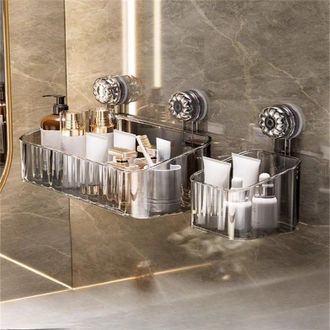 OEM Estanter&iacute;a De Ba&ntilde;o Con Ventosas - Organizaci&oacute;n Pr&aacute;ctica Y Sin Taladros - Grande + Peque&ntilde;a, Gris Transparente