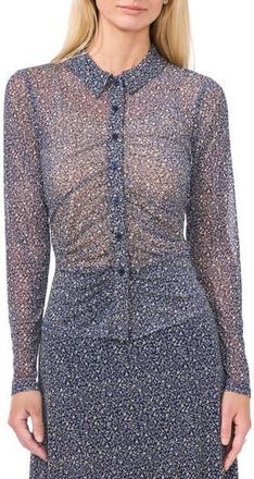 Halogen Print Mesh Button-Up Shirt in Navy Blue at Nordstrom Rack, Size X-Small