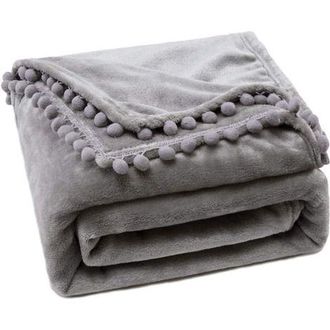 OEM Coperta In Pile Di Velluto Di Flanella, 1 Pezzo, Spessa, Soffice, Calda, Con Pompon Decorativo, 100x150 Cm, Grigia