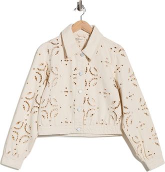 Blank NYC Eyelet Embroidered Denim Trucker Jacket in Double Cream at Nordstrom Rack, Size X-Small