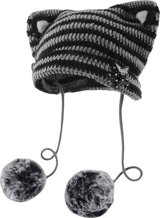 Generic Women Cat Ear Hat with Pom Poms Star Accessories Goth Crochet Knitted Slouchy Skully Caps Alt Clothes Hat Tooth (Dark Gray, One Size)