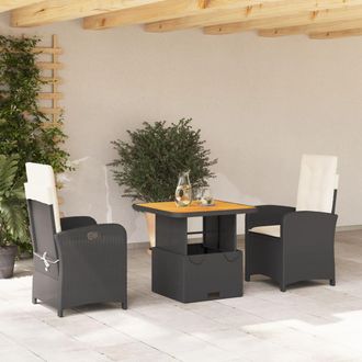 vidaXL Set Comedor De Jard&iacute;n 3 Pzas Con Cojines Rat&aacute;n Sint&eacute;tico Negro Vidaxl