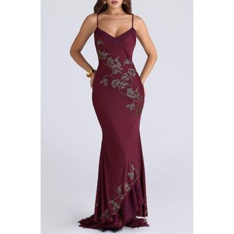 House of CB Anastelle Embellished Satin Mermaid Gown in Plum at Nordstrom, Size X-Large