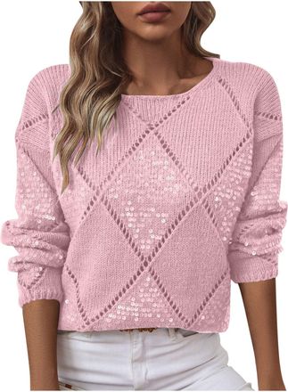 Generic Sequin Top for Women UK Sparkly Glitter Blouse Shiny Sweatshirt Party Club Tunics Winter Warm Jumpers Elegant Hollow Out Long Sleeve Crew Neck Tee Lad