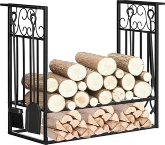 HOMCOM Estante Para Le&ntilde;a De Chimenea 75x30x60 Cm Soporte Para Le&ntilde;a Tradicional Portale&ntilde;a De Dise&ntilde;o Vintage Con 4 Herramientas Base Elevada Carga M&aacute;x. 100 Kg