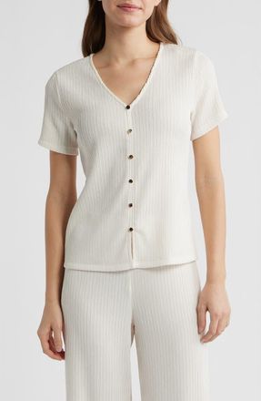 Anne Klein Short Sleeve Knit Button-Up Shirt in White Dove at Nordstrom, Size X-Large
