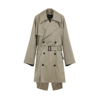 Balenciaga Trench Coats, female, Green, Size: XS Double-Breasted Cotton Trench Coat