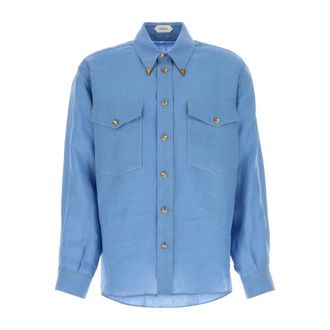 Versace Casual Shirts, male, Blue, Size: XL Linen Relaxed Shirt