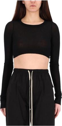 Rick Owens Geribde Gebreide Top met Ronde Hals- Lange Mouwen en Cropped Model - Dames - Longsleeves - Zwart - L - Tops