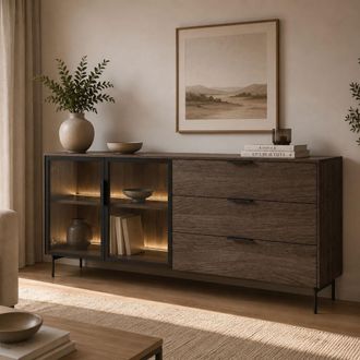 Dmora Credenza Hara, Madia 3 Cassetti, Un Ripiano, Apertura Battente, Scorrevole, 181x39x83h Cm Marrone Noce